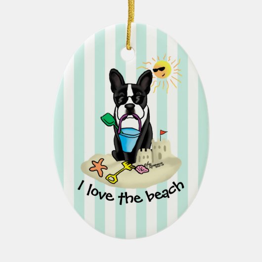 Summer Beach Boston Terrier Dog (zwart) Cute Keramisch Ornament (Voorkant)