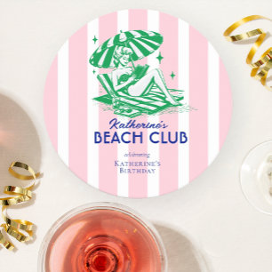 Summer Beach Club Roze Strepen Verjaardagsfeestje Ronde Kartonnen Onderzetter
