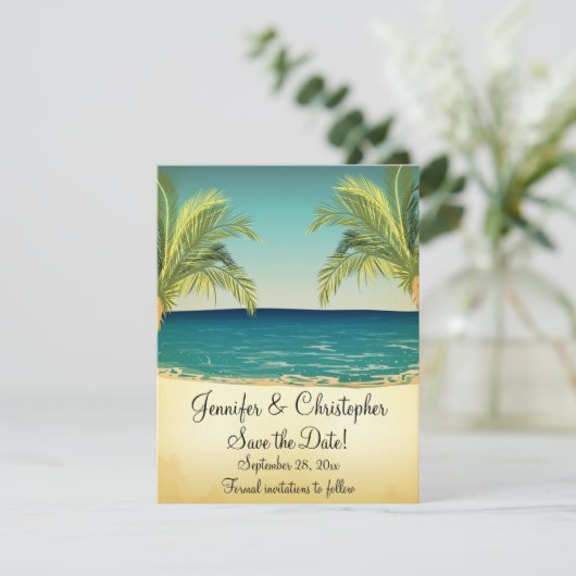 Summer Beach en Palm Trees Wedding Save the Date (Staand voorkant)