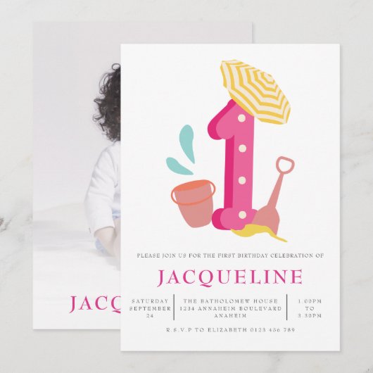 Summer Beach Girls 1st Birthday Party Kaart (Voorkant / Achterkant)