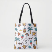 Summer Beach Holiday Illustrated Collage Monogram Tote Bag (Voorkant)
