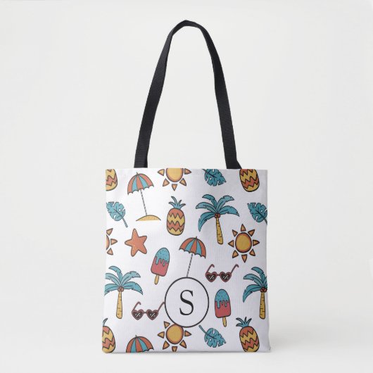 Summer Beach Holiday Illustrated Collage Monogram Tote Bag (Voorkant)