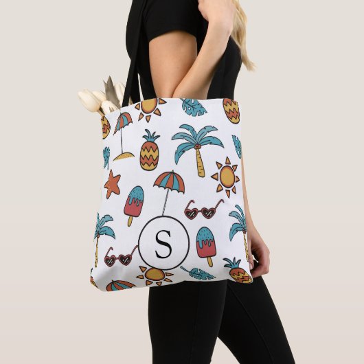 Summer Beach Holiday Illustrated Collage Monogram Tote Bag (Dichtbij)