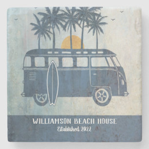 Summer Beach House Retro Surf Van Monogrammed Stenen Onderzetter