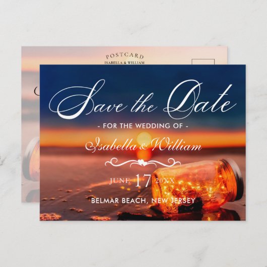 Summer Beach Mason Jar Blue Night Save the Date Aankondigingskaart (Voorkant / Achterkant)