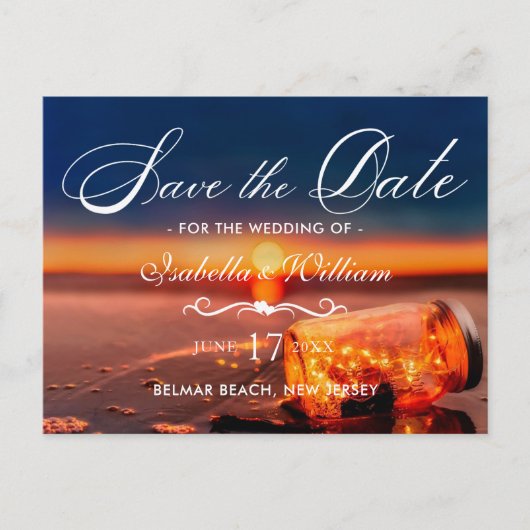 Summer Beach Mason Jar Blue Night Save the Date Aankondigingskaart (Voorkant)