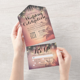 Summer Beach Palm Tree String Lights Wedding RSVP All In One Uitnodiging