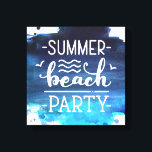 Summer Beach Party | Afdrukken Waterverf Canvas<br><div class="desc">Krijg uw speciale canvasafdruk met waterverf diepe blauwe borstelachtergrond en aangepast decoratief manuscript "zomerstrand party"</div>