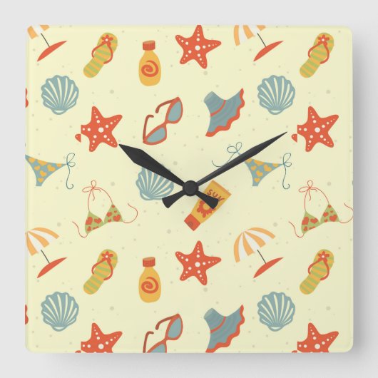Summer Beach Pattern Vierkante Klok (Voorkant)