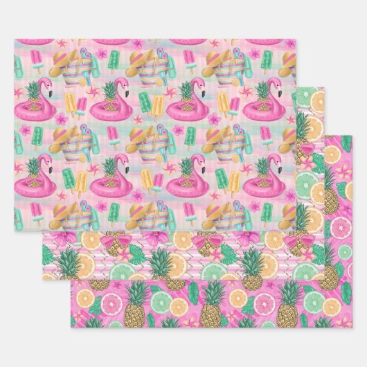 Summer Beach Pink Flamingos Pineapples Lemons Inpakpapier Vel (Set)