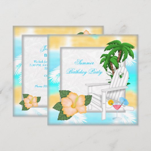 Summer Beach Pool Cocktail Birthday Party Kaart (Voorkant / Achterkant)