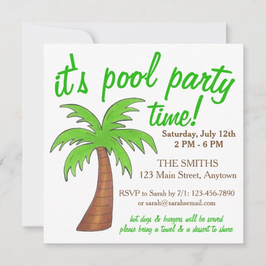 Summer Beach Pool Party Green Palm Tree Kaart (Voorkant)