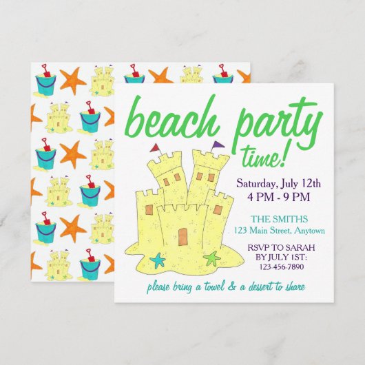Summer Beach Pool Party Sandcastle Starfish Kaart (Voorkant / Achterkant)