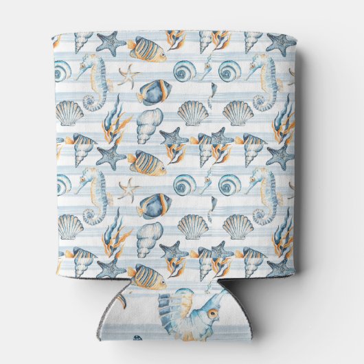 Summer Beach Seashell Waterverf Blue White Blikjeskoeler (Achterkant)