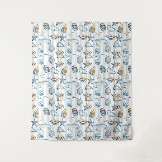 Summer Beach Seashell Waterverf Blue White Wandkleed (Voorkant)