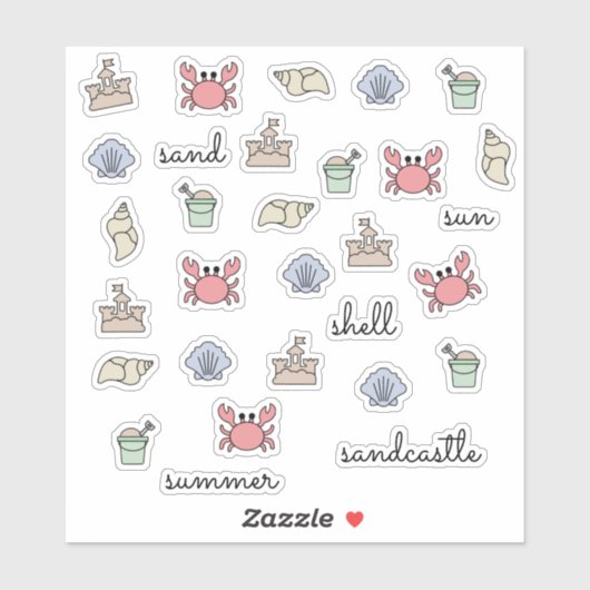 Summer Beach Shell Crab Sandcastle Pail Words Sticker (Vel)