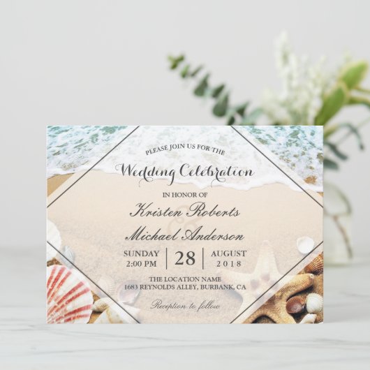 Summer Beach Starfish Seashell Wedding Celebration Kaart (Staand voorkant)