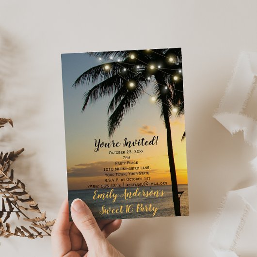 Summer Beach String Light Sunset Sweet 16 Birthday Kaart