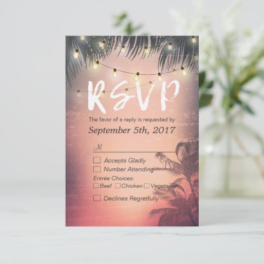 Summer Beach String Lights Chic Wedding RSVP Antwo (Staand voorkant)