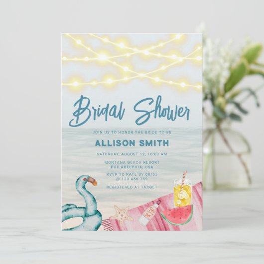 Summer Beach String Lights Flamingo Vrijgezellenfe Kaart (Staand voorkant)