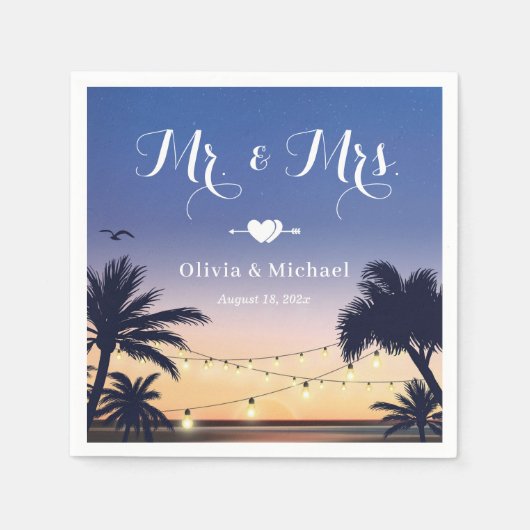 Summer Beach Sunset Palm Tree Mr en Mrs Wedding Servet (Voorkant)