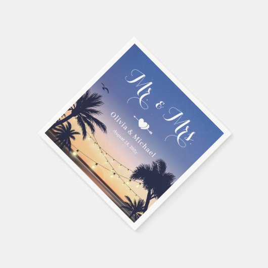 Summer Beach Sunset Palm Tree Mr en Mrs Wedding Servet (Hoek)