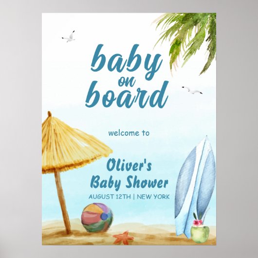 Summer Beach Surfboard Baby shower Welkom Poster (Voorkant)