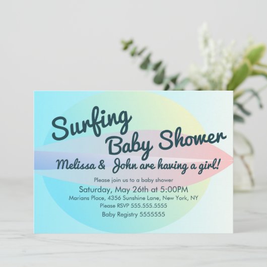 Summer Beach Surfing Baby shower Girl Invitation Kaart (Staand voorkant)