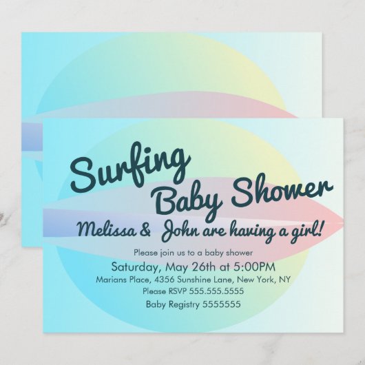 Summer Beach Surfing Baby shower Girl Invitation Kaart (Voorkant / Achterkant)