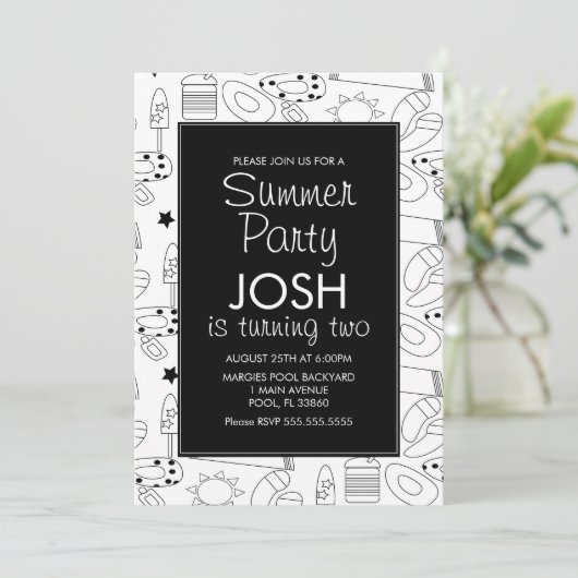 Summer Beach Theme Doodle Birthday Party Kaart (Staand voorkant)