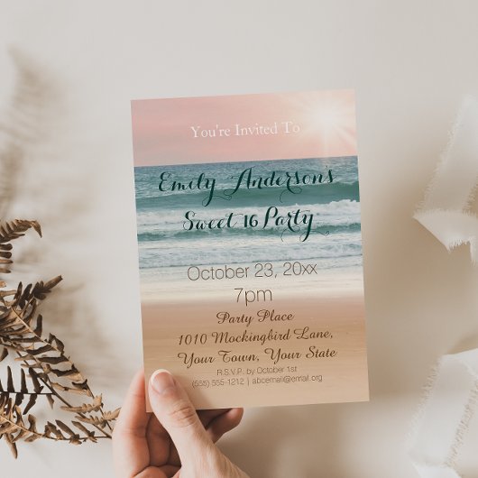 Summer Beach Theme Pink Sunset Sweet 16 Birthday Kaart