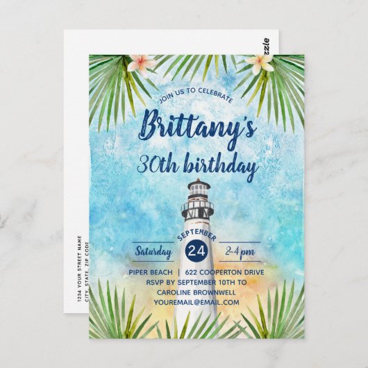 Summer Beach Thmed Birthday Party Invitation Briefkaart (Voorkant / Achterkant)