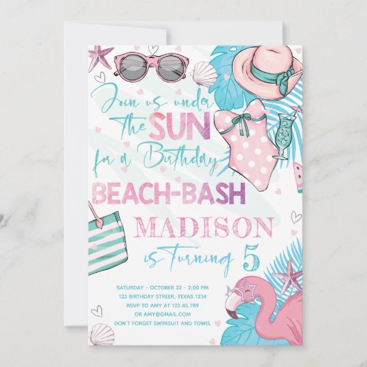 Summer Beach Verjaardagsfeest Schattige Roze Turqu Kaart (Voorkant)