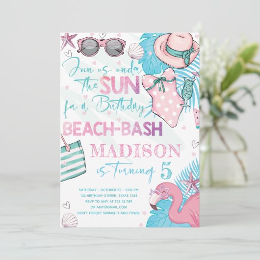 Summer Beach Verjaardagsfeest Schattige Roze Turqu Kaart (Staand voorkant)