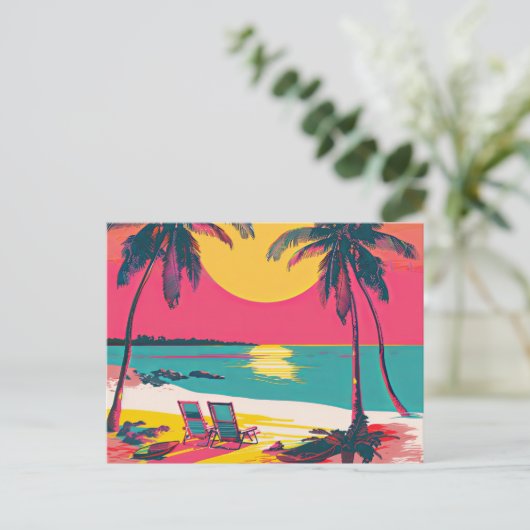 Summer Beach Vibe Retro Surfer Palm Trees Zonsonde Briefkaart (Staand voorkant)