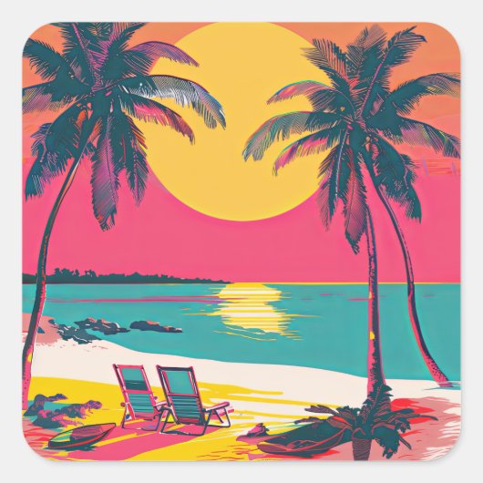Summer Beach Vibe Retro Surfer Palm Trees Zonsonde Vierkante Sticker (Voorkant)