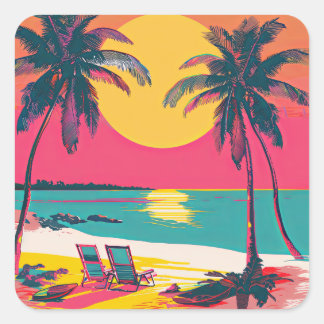 Summer Beach Vibe Retro Surfer Palm Trees Zonsonde Vierkante Sticker