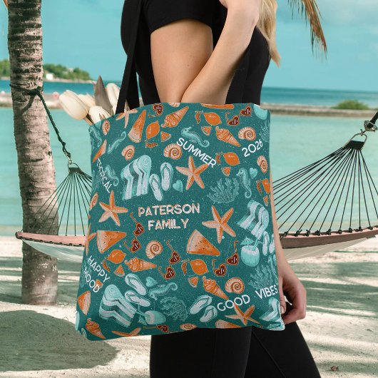 Summer Beach Vibes Family Trip Retro Teal Custom Tote Bag
