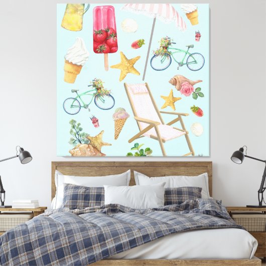Summer Beach vibes op blauw Canvas Afdruk (Insitu (Slaapkamer))