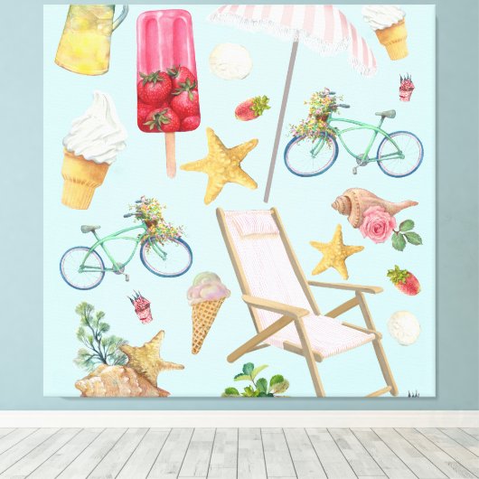 Summer Beach vibes op blauw Canvas Afdruk (Insitu (Houten vloer))