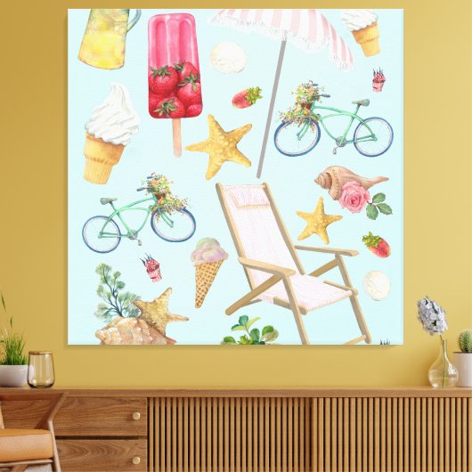 Summer Beach vibes op blauw Canvas Afdruk (Insitu (Woonkamer))