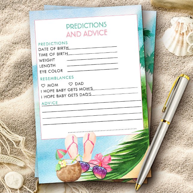 Summer Beach voorspellingen en advies Kaart (Baby shower activity with tropical beach surfing theme from my Baby on Board baby shower collection)