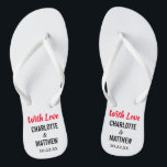 Summer Beach Wedding Modern Typografie Teenslippers<br><div class="desc">Deze moderne typografie-teenslippers zijn een leuke dankjewel voor elk paar dat hun bruiloft tijdens de zomer of een bruiloft op het strand heeft. Personaliseer je met de bruid- en bruidenamen en trouwdatum. U kunt het Met Liefde-bericht behouden of uw eigen aangepast bericht creëer.</div>