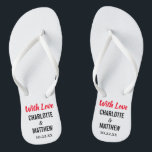 Summer Beach Wedding Modern Typografie Teenslippers<br><div class="desc">Deze moderne typografie-teenslippers zijn een leuke dankjewel voor elk paar dat hun bruiloft tijdens de zomer of een bruiloft op het strand heeft. Personaliseer je met de bruid- en bruidenamen en trouwdatum. U kunt het Met Liefde-bericht behouden of uw eigen aangepast bericht creëer.</div>