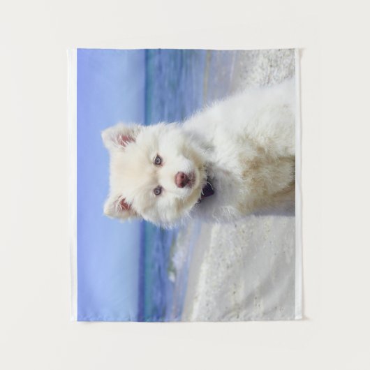 Summer Beach White Spitz Samoyed Pet Dog Canine Wandkleed (Voorkant)