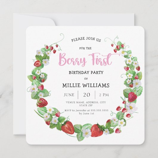 Summer Berry First aardbery Birthday Party Kaart (Voorkant)