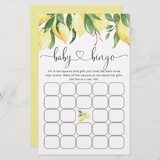 Summer Bingo Lemon Citrus Baby shower (Voorkant / Achterkant)