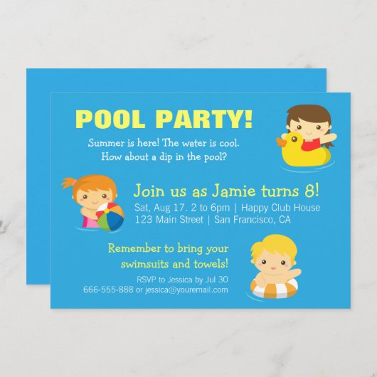 Summer Birthday Pool Party Invitations Kaart (Voorkant / Achterkant)