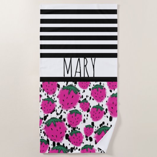 Summer Black Stripes aardbeien Abstract Strandlaken (Voorkant)