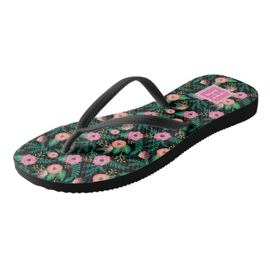 Summer Blooms Pink Floral Monogram Teenslippers (Schuin)